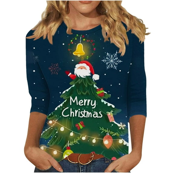 Oplxuo Christmas Shirts for Women 2025 Christmas Tree Printed 3/4 Length Sleeve Shirts Round Neck Loose Fit Blouses