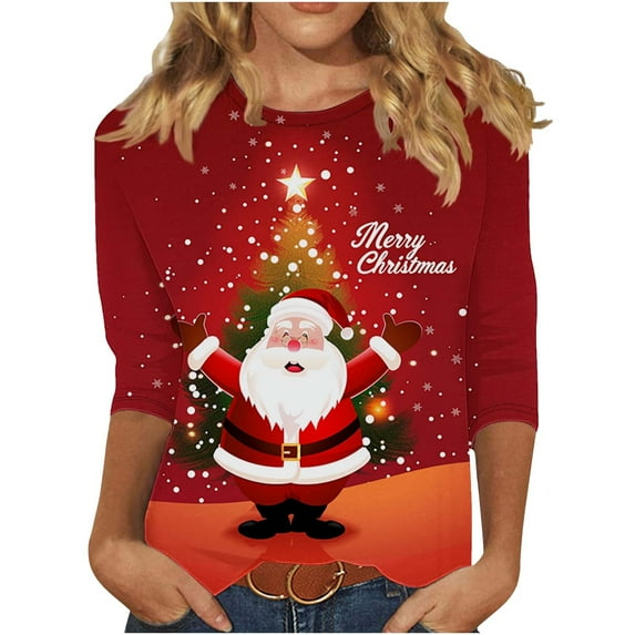 Oplxuo Christmas Shirts for Women 2025 Christmas Tree Printed 3/4 Length Sleeve Shirts Round Neck Loose Fit Blouses