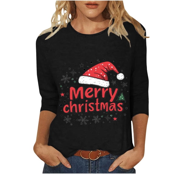 Oplxuo Christmas Shirts for Women 2025 Fashion 3/4 Length Sleeve Crew Neck Tunic Tops Casual Xmas Tree Red Wine Glass Print Blouse