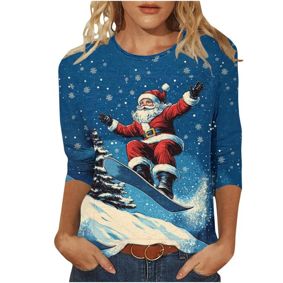 Oplxuo Christmas Shirts for Women 2025 Fashion 3/4 Length Sleeve Crew Neck Tunic Tops Casual Xmas Tree Red Wine Glass Print Blouse