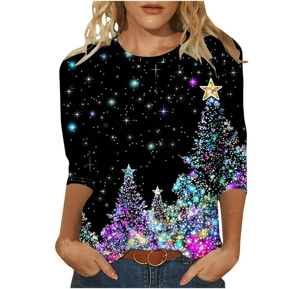 Oplxuo Christmas Shirts for Women 2025 Glitter Christmas Tree Blouses 3/4 Sleeve Vintage Xmas Tops Festival Party Tees Gifts