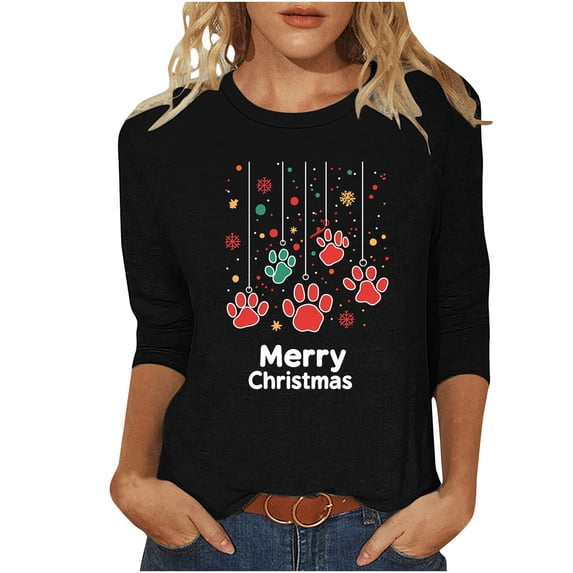 Oplxuo Christmas Shirts for Women 3/4 Length Sleeve Tunic Blouses Xmas Tree Cute Print Tops Crew Neck Graphic Tees