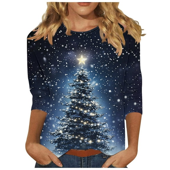 Oplxuo Christmas Shirts for Women Christmas Tree Printed Tshirts 3/4 Length Sleeve Round Neck Tops