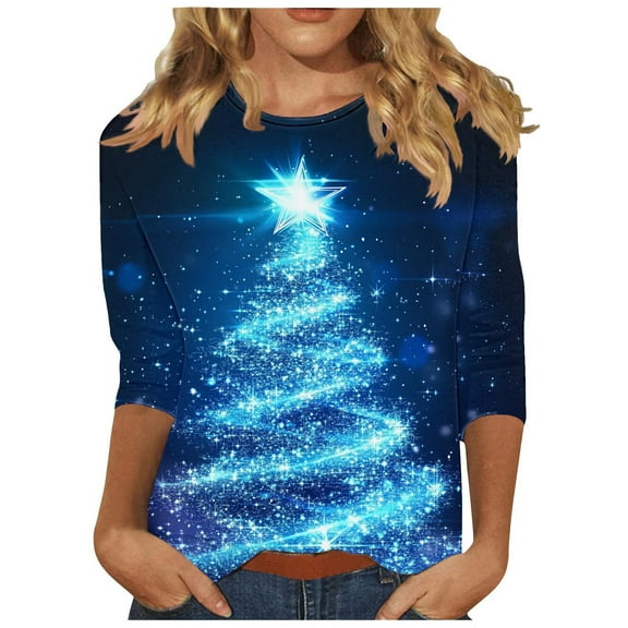 Oplxuo Christmas Shirts for Women Christmas Tree Printed Tshirts 3/4 Length Sleeve Round Neck Tops