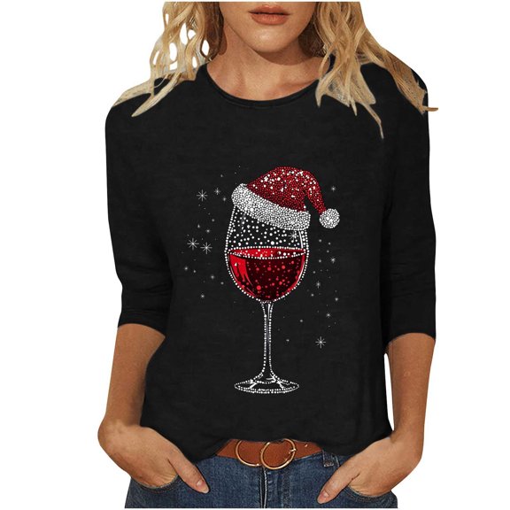 Oplxuo Christmas Shirts for Women Christmas Tree Printed Tshirts 3/4 Length Sleeve Round Neck Tops