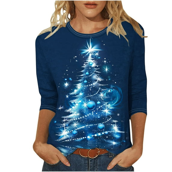 Oplxuo Christmas Shirts for Women Dressy Casual Crewneck Loose Blouses 3/4 Sleeve Tops Loose Tunic Blouse