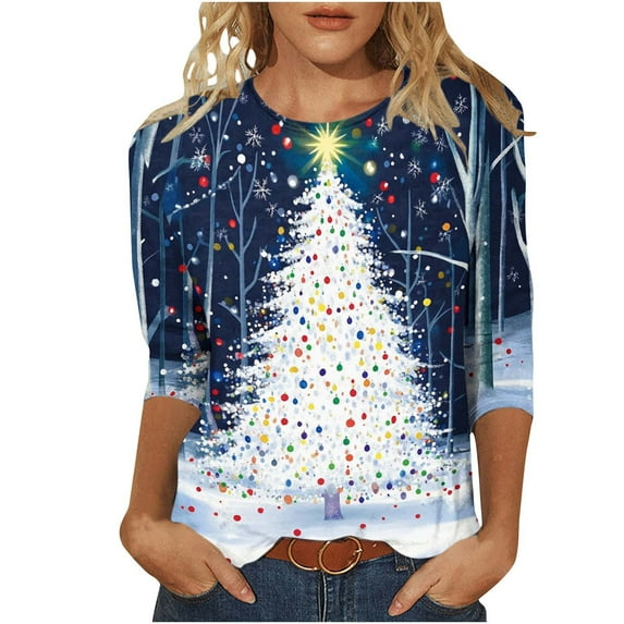 Oplxuo Christmas Shirts for Women Dressy Casual Crewneck Loose Blouses 3/4 Sleeve Tops Loose Tunic Blouse