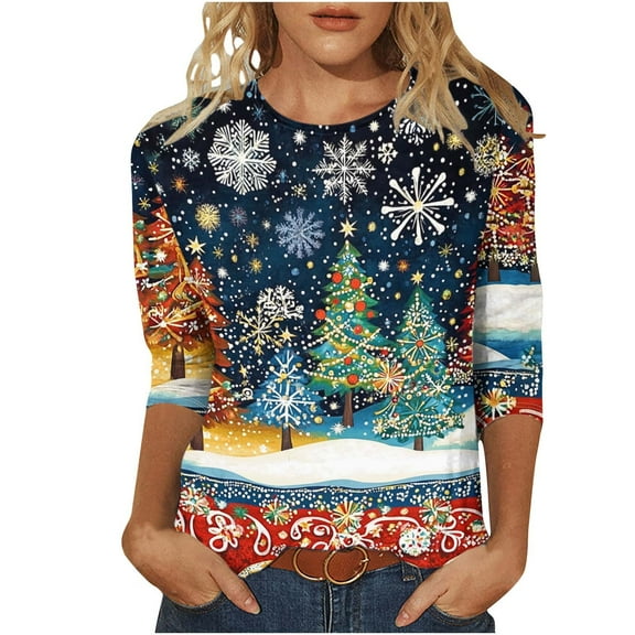 Oplxuo Christmas Shirts for Women Dressy Casual Crewneck Loose Blouses 3/4 Sleeve Tops Loose Tunic Blouse