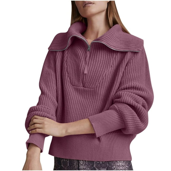 Oplxuo Chunky Knitted Sweatshirt for Women Half Zipper Collared Long Sleeve Pullover Sweaters Loose Fall Winter Jumper Tops