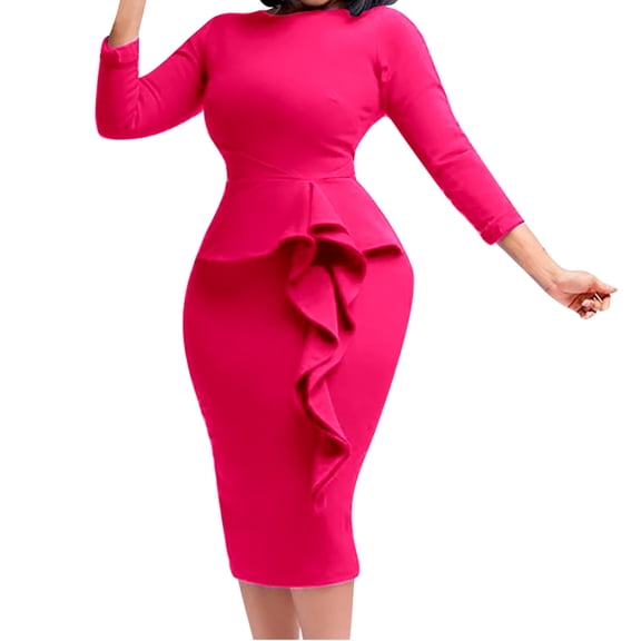 Oplxuo Church Dresses for Women Elegant Knee Lenght Long Sleeve Bodycon Ruffles Work Peplum Midi Pencil Dress