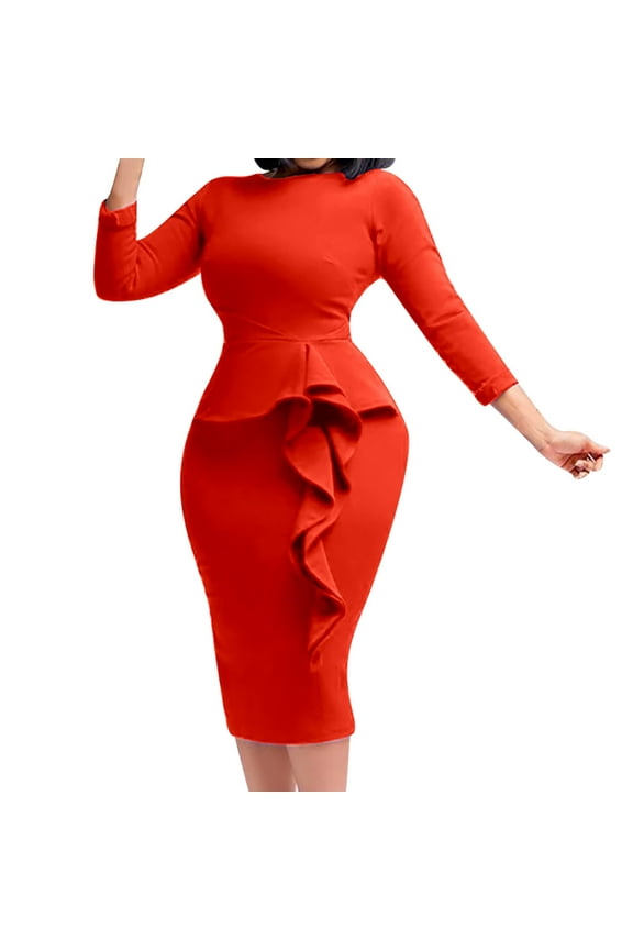 Church Dresses for Women Elegant Knee Lenght Long Sleeve Bodycon Ruffles Work Peplum Midi Pencil Dress