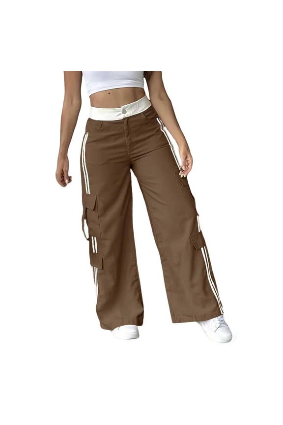 Color Block Cargo Pants for Women Straight Leg Summer Elastic High Waisted Workout Hiking Trousers with Pockets