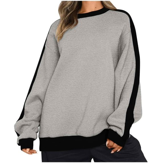 Oplxuo Colorblock Oversized Sweatshirts for Women Casual Crew Neck Long Sleeve Pullover Loose Drop Shoulder Tunic Shirt