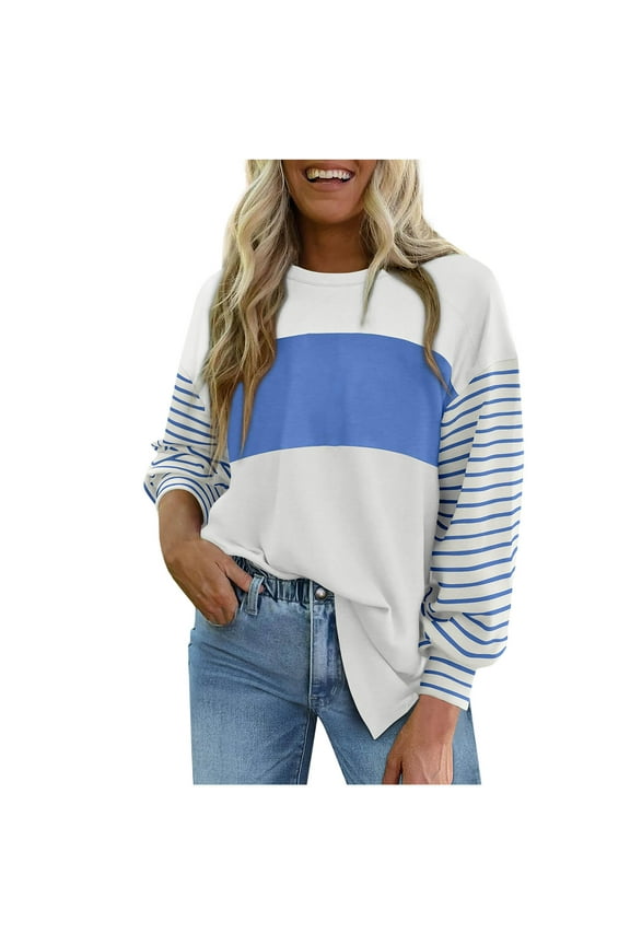 Colorblock Oversized Tops for Women Loose Striped Long Sleeve Tee Shirts Dressy Casual Split Side Tunic Blouse