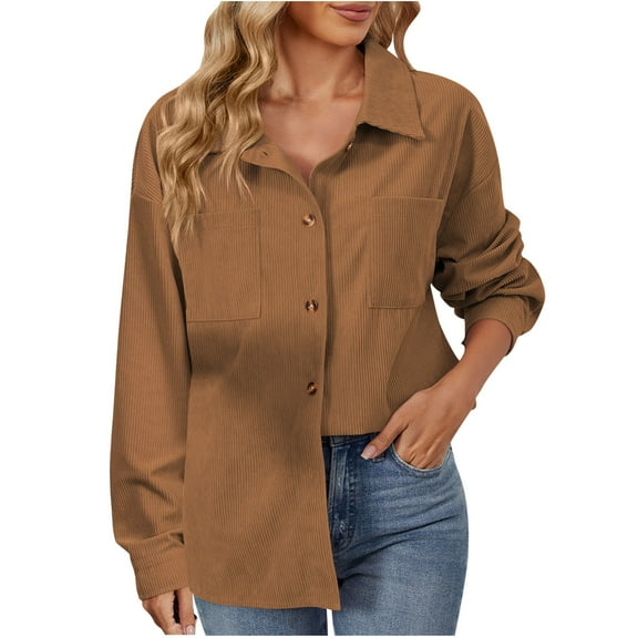Oplxuo Corduroy Button Down Shirts for Women Casual Lapel Button Down Long Sleeve Loose Tunic Tops Blouse with Pockets