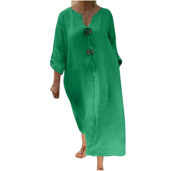Oplxuo Cotton Linen Dresses for Women Summer 2025 Plus Size V Neck Lightweight Long Sleeve Beach Casual Maxi Dress