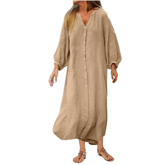 Oplxuo Cotton Linen Dresses for Women Summer Loose Button Down Lightweight Long Sleeve Beach Coverups Casual Cardigan Dress