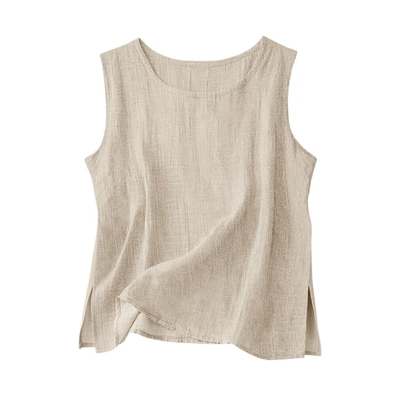 Oplxuo Cotton Linen Tank Tops for Womens Comfy Lounge Wear Summer Sleeveless Crewneck Shirt Casual Blouse Loose Fit Cami