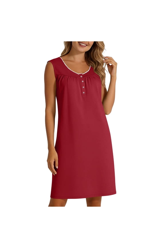 Cotton Nightgowns for Women Tank Sleeveless Night Gowns Lace Button Sleep Dress House Dress