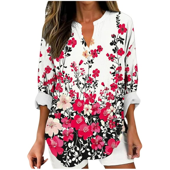 Oplxuo Cotton Shirts for Women Loose Fit Button Down V Neck Blouse 3/4 Sleeves Casual Tunic Tops Summer Outfits
