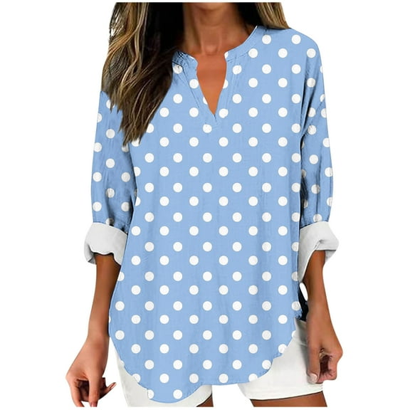 Oplxuo Cotton Shirts for Women Loose Fit Button Down V Neck Blouse 3/4 Sleeves Casual Tunic Tops Summer Outfits
