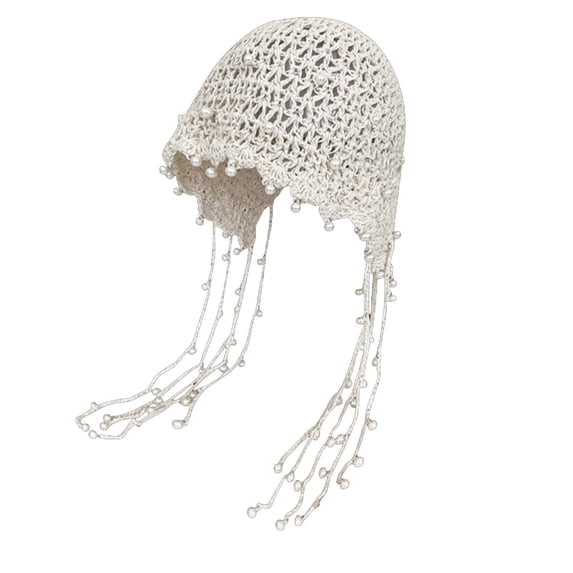 Oplxuo Crochet Bucket Hat for Women Cute Pearls Tassel Woven Hollow Knitted Cap Outdoor Boho Travel Beanies