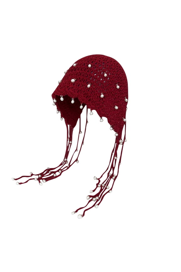 Crochet Bucket Hat for Women Cute Pearls Tassel Woven Hollow Knitted Cap Outdoor Boho Travel Beanies