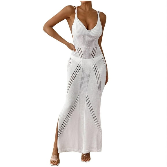 Oplxuo Crochet Knit Maxi Dress for Women Summer Sexy Halter Plunge Sleeveless Bikini Coverups Sundress for Vacation Beach