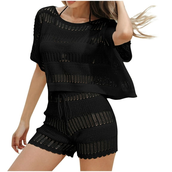 Oplxuo Crochet Swim Cover Up for Women Batwing Sleeve Sheer Kintted Tops with Shorts Sexy 2 Piece Bathing Suit Coverups