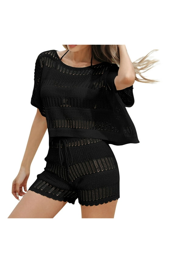 Crochet Swim Cover Up for Women Batwing Sleeve Sheer Kintted Tops with Shorts Sexy 2 Piece Bathing Suit Coverups
