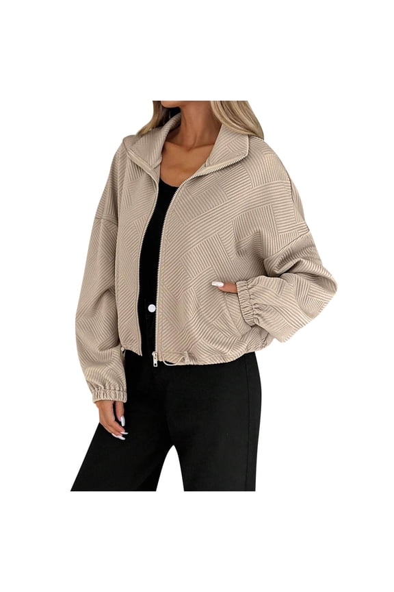 Cropped Bomber Jacket Women Textured Knit Zip Up Jacket Cozy Fall Coats with Pockets Casual Oversized Cardigan