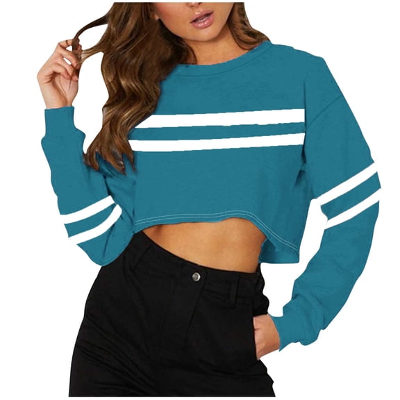 Oplxuo Cropped Striped Sweatshirt for Women Crewneck Long Sleeve Casual Pullover Loose Streetwear Tops