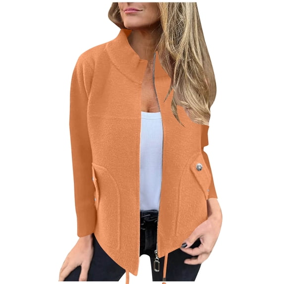 Oplxuo Cropped Trench Coat for Women Fall Casual Long Sleeve Stand Collar Lightweight Open Front Outwear Coat