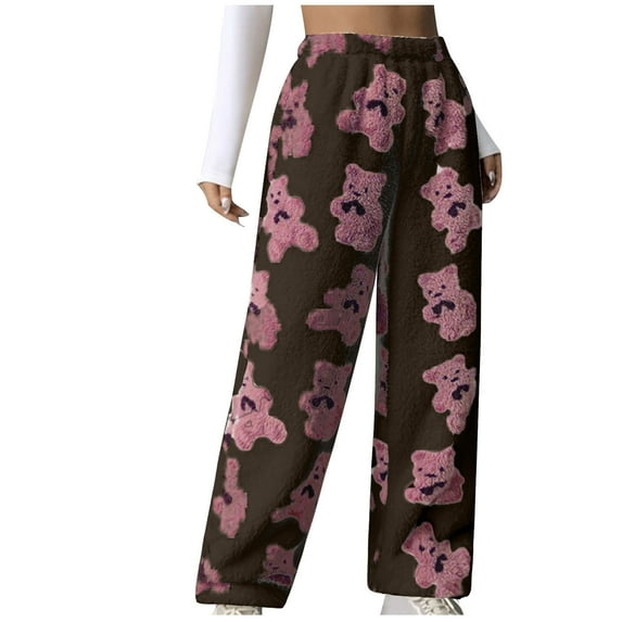 Oplxuo Cute Bear Fuzzy Pajama Pants for Women Soft Fluffy Fleece Warm Pjs Bottoms Winter Plush Lounge Pants Sleepwear