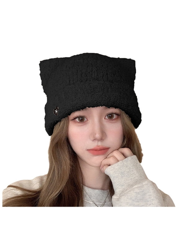 Cute Cat Ears Fuzzy Hats for Women Plush Beanies Fluffy Soft Warm Winter Outdoor Caps for Adults Teen Girls