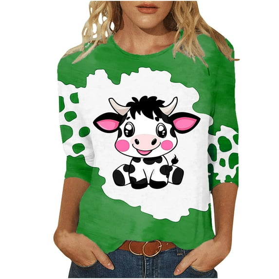 Oplxuo Cute Cow Printed 3/4 Sleeve T-Shirts for Women Crewneck Dressy Blouse Loose Pullover Casual Tunic Tee Tops