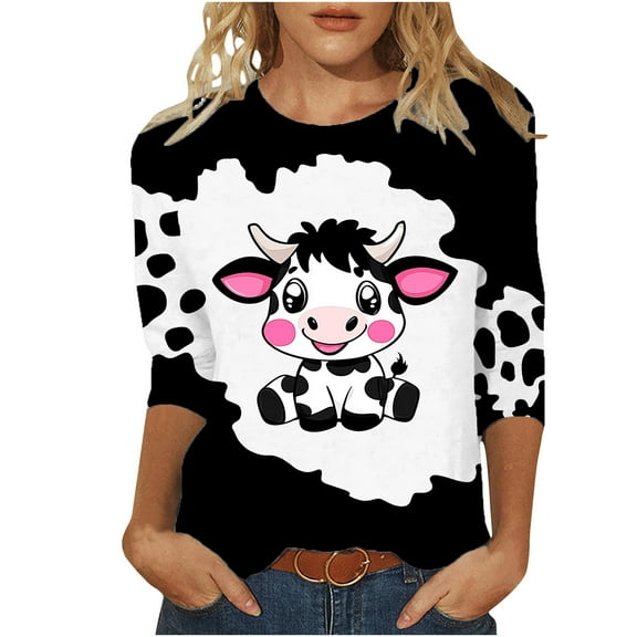 Oplxuo Cute Cow Printed 3/4 Sleeve T-Shirts for Women Crewneck Dressy Blouse Loose Pullover Casual Tunic Tee Tops