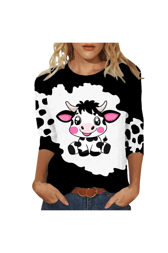 Cute Cow Printed 3/4 Sleeve T-Shirts for Women Crewneck Dressy Blouse Loose Pullover Casual Tunic Tee Tops