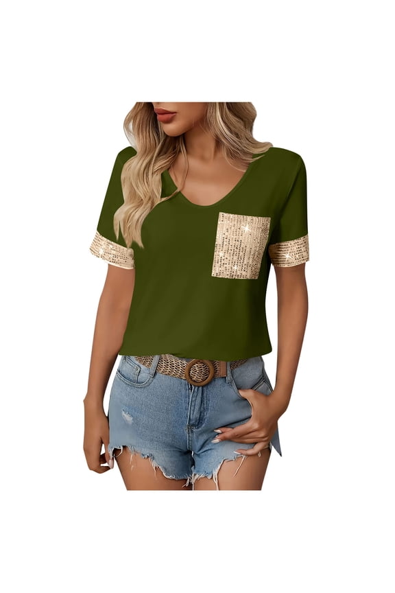 Dressy Sequins Patchwork Short Sleeve T-Shirt for Women Summer Loose Crewneck Tunic Tops Business Casual Blouse