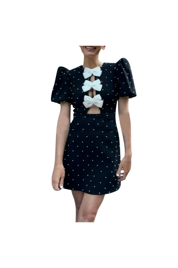 Elegant Business Mini Dresses for Women - Sexy Bow Cutout Front Puff Short Sleeve Cocktail Party Office Lady Dress