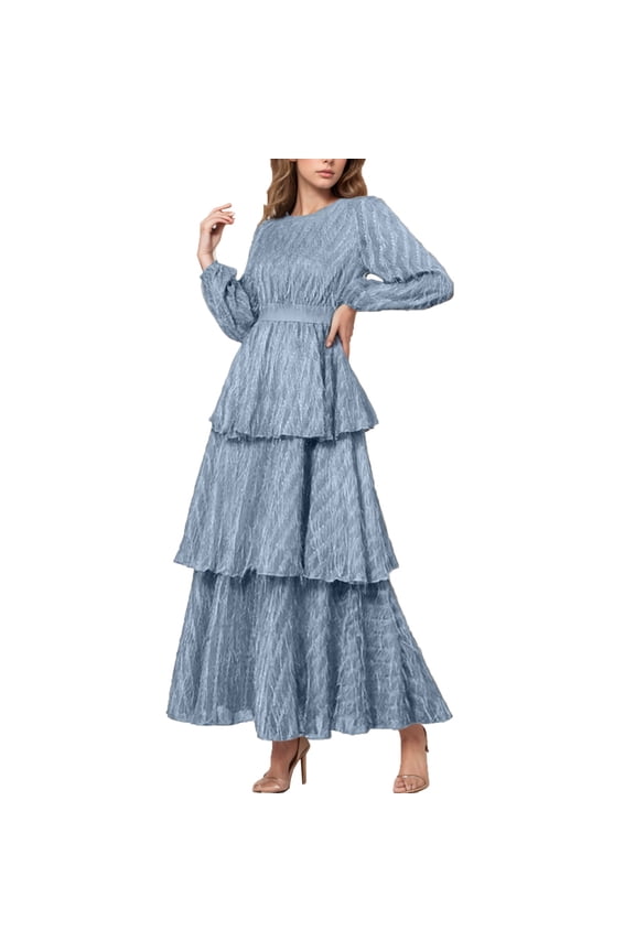 Elegant Floral Lace Maxi Dress for Women Long Sleeve Round Neck Empire Waist Layered Wedding Guests Party Dress