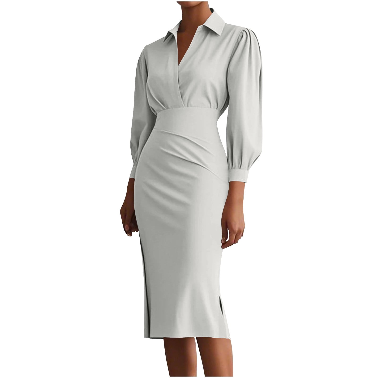 Oplxuo Elegant Knee Lenght Pencil Dress for Women Wrap V Neck Long Sleeve Wear to Work Business Sheath Church Dresses