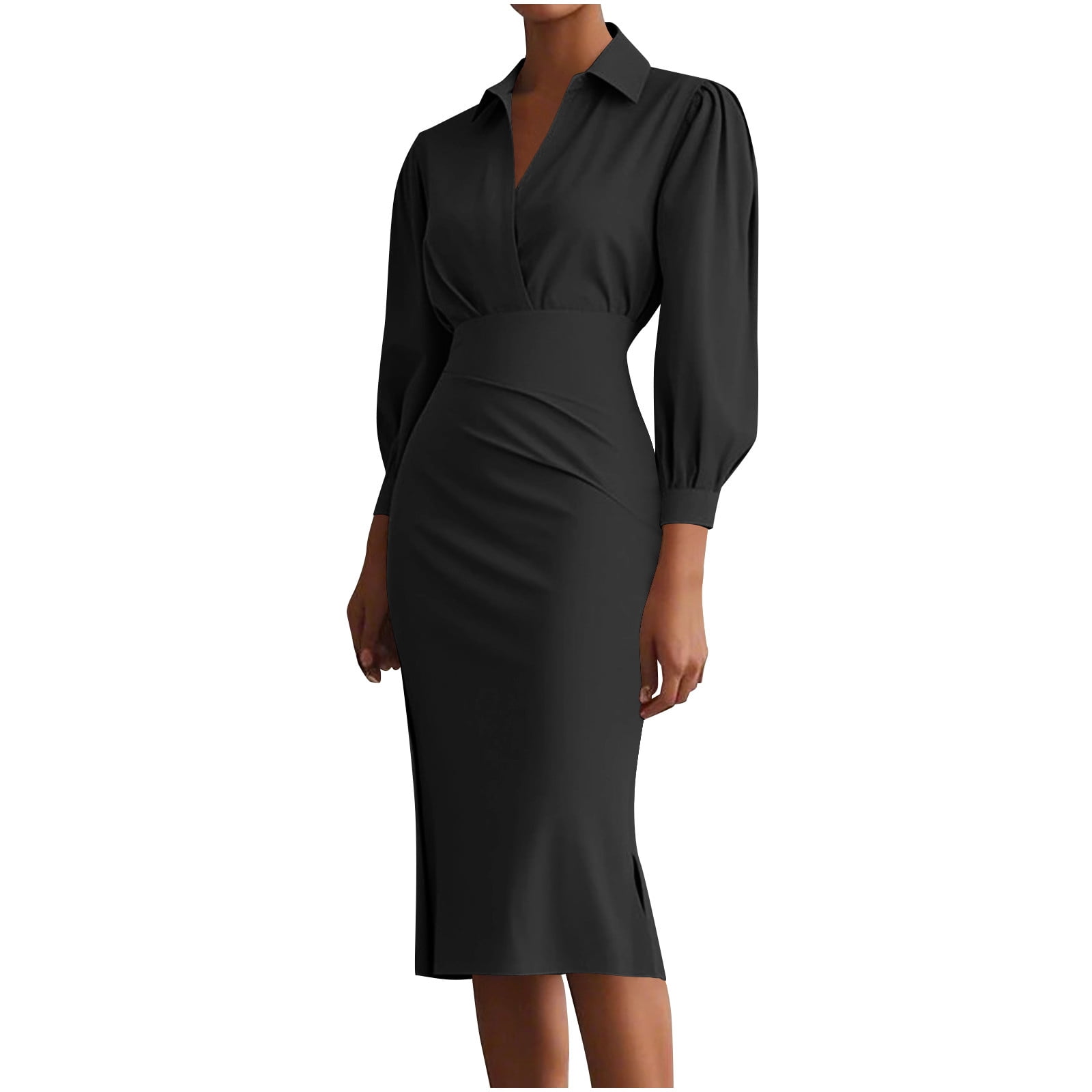 elegant pencil dresses with sleeves Oplxuo Elegant Knee Lenght Pencil Dress for Women Wrap V Neck Long Sleeve Wear to Work Business Sheath Church Dresses, Women's, Size: Large, Black