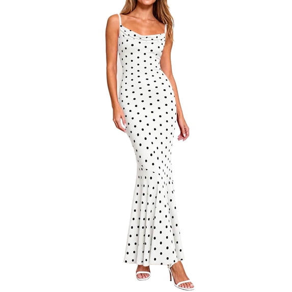 Oplxuo Elegant Polka Dots Mermaid Maxi Dresses for Women Cowl Neck Spaghetti Straps Bodycon Formal Cocktail Party Dress