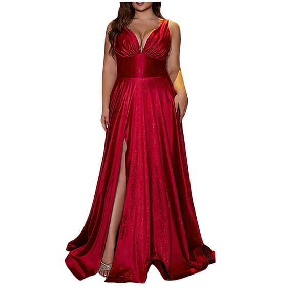 Oplxuo Elegant Satin Evening Dress for Women Plus Size Sexy V Neck Empire Waist Semi Formal Party Cocktail Maxi Dress