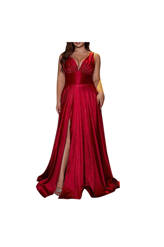 Elegant Satin Evening Dress for Women Plus Size Sexy V Neck Empire Waist Semi Formal Party Cocktail Maxi Dress