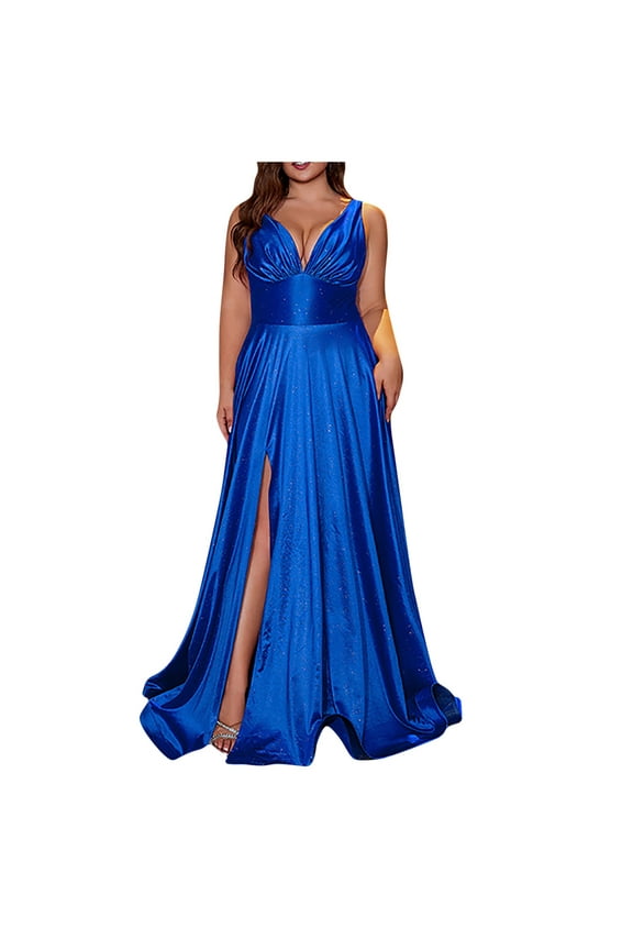 Elegant Satin Evening Dress for Women Plus Size Sexy V Neck Empire Waist Semi Formal Party Cocktail Maxi Dress