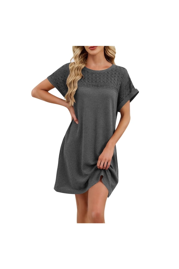 Eyelet Mini Dresses for Women Short Sleeve Hollow Out Knit Comfy Dress 2026 Round Neck Home Wear Loose Sleepwear