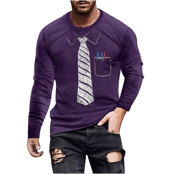 Oplxuo Fake Tuxedo Shirts for Men Bowtie Printed Long Sleeve T-Shirt Novelty Crewneck Pullover Funny Graphic Tee Tops