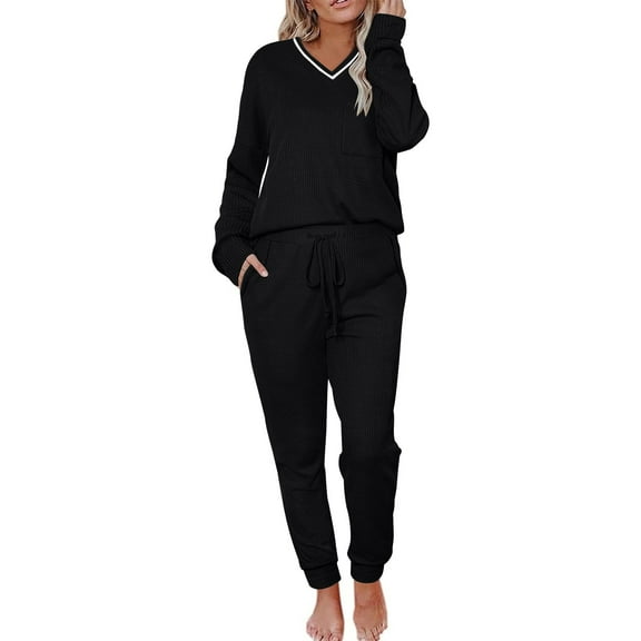 Oplxuo Fall 2 Piece Outfits for Women Pullover V Neck Long Sleeve Sweathirt with Jogger Sweatpants Lounge Tracksuit Sets